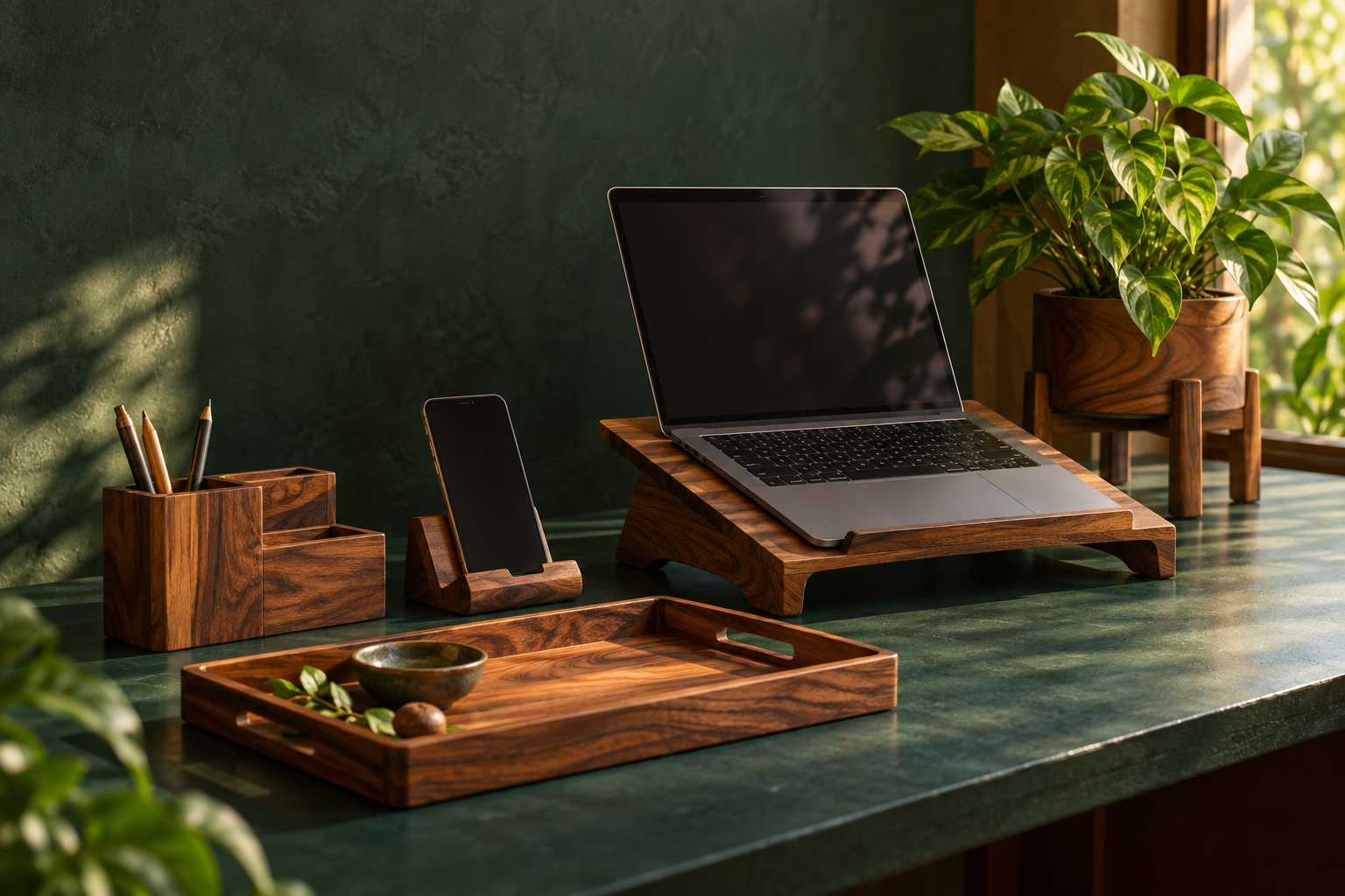 Natural wood desk and furniture in a sunlit home workspace